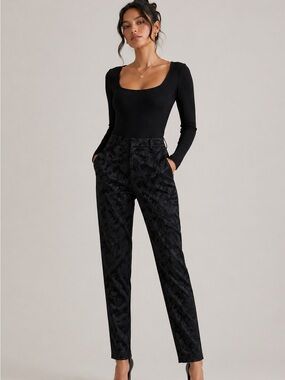 Simply Styled Black Jacquard Trousers High Rise Slim Fit Dress Pants S